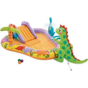 Dino Park Inflatable Kiddie Pool: Inflatable Kids Pool with Water Sprayer and Slide – Splash Pad – 79" x 62" x 27" – Ages 3+