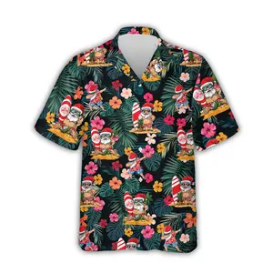 Surfing Santa Hawaiian Shirt, Christmas Holiday Aloha Shirt, Tropical Surfboard and Flower Print Casual Button Down for Men & Women