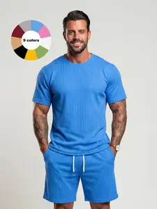 KZZ vacation outfits Two-Piece Set Men's Solid Textured Drop Shoulder Short Sleeve Tee & Drawstring Waist Shorts Set, Spring & Summer Clothes, Loose Casual Fashion Crew Neck christmas gifts for him Tropical SpringStatements