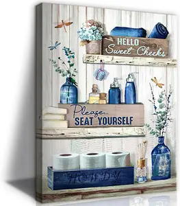 Navy Blue Bathroom Decor Wall Art Rustic Blue Bathroom Canvas Wall Decor Bathroom Please Seat Yourself Sign Print Painting Vintage Aesthetic Bathroom Picture Artwork Decor SHJY-02363