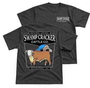 Swamp Cracker Cattle Company Hereford Bull T-Shirt, Western Ranch Graphic Tee With Barn And Cattle Back Print, Front Chest Cattle Co Logo Shirt, Southern Farm Workwear Outfit, Country Livestock Apparel Gift for Men and Women