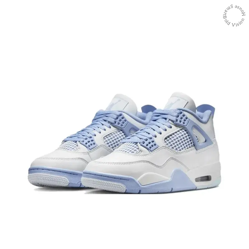 White and Blue 4 Retro Sneakers for Breathable Mesh Leather Mid-Top Cushioned Casual Shoes Summer Versatile Trendy Footwear