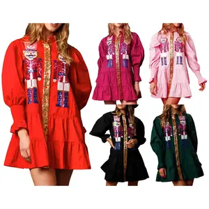 Women's Christmas Mini Dress, Long Sleeve, Turn-Down Collar, Sequins, Button Closure, Casual Dress, Fall Fashion