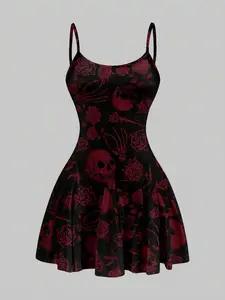 SHANIAH Casual Skull & Rose Pattern A-Line Mini Dress For Women, Suitable For Summer,Summer Dresses, Sun Dress Spring Clothes Cute  For Women
