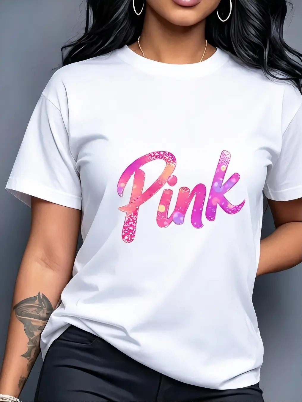 Pink T-Shirt for Women - Casual Style with Bold Lettering Design, Short Sleeve, Round Neck, and Comfortable Fit