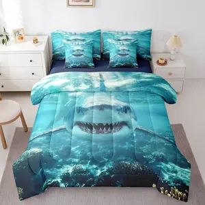 Shark Comforter Set,3D Shark 7 Piece Bedding Set for Kids,Marine Ocean Animal Bedding Sets