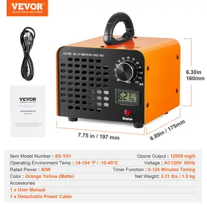 VEVOR Ozone Generator, 12000mg/h Ozone Machine Remover, High Capacity Commercial/Industrial Ozone Generator Machine, Home Air Ionizers Deodorizer with 0-120 min Time Setting for Rooms, Cars, Pets