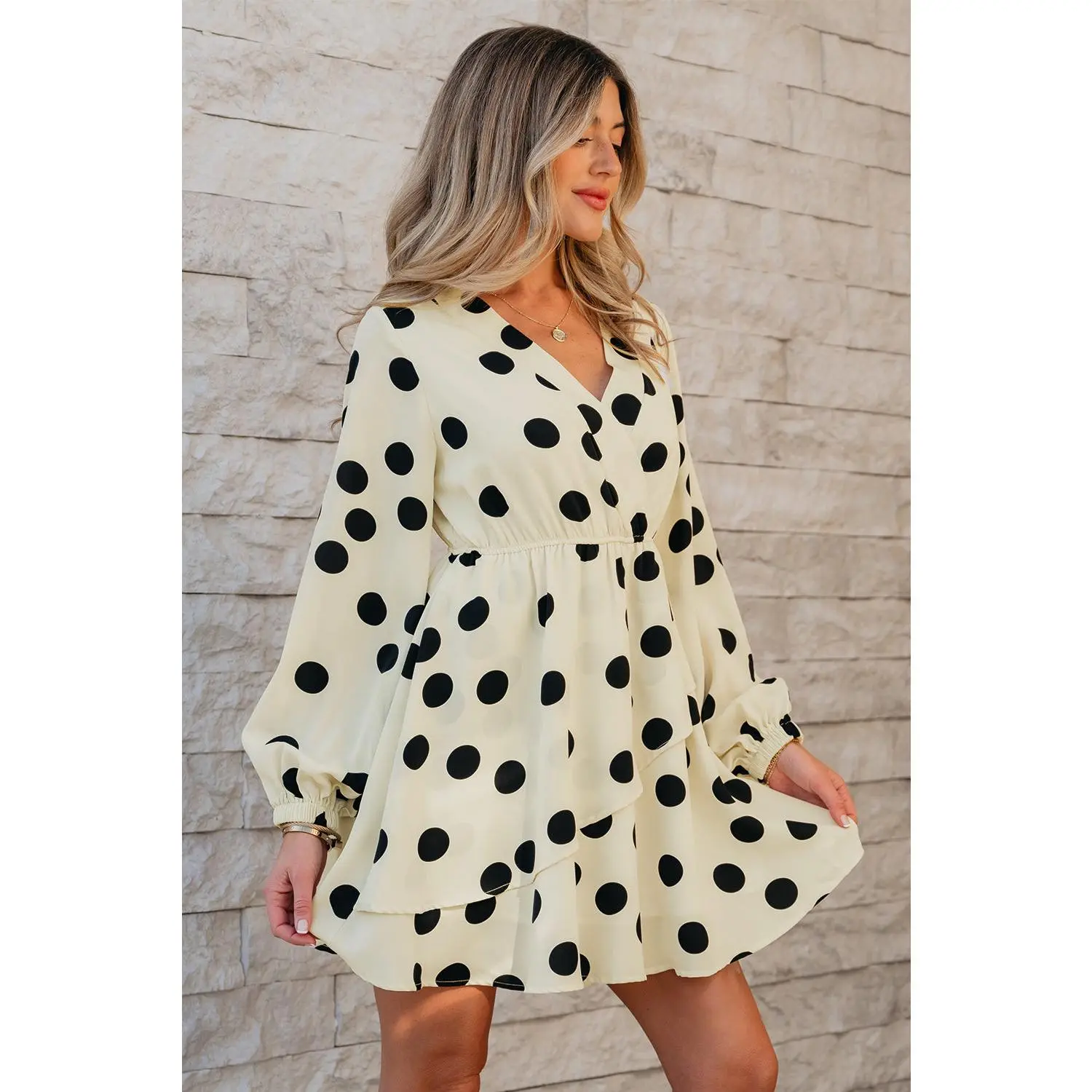 Beige Polka Dot Printed Surplice V Neck Puff Sleeve Mini Dress - TikTok Shop Beige Polka Dot Printed Surplice V Neck Puff Sleeve Mini Dress - TikTok Shop