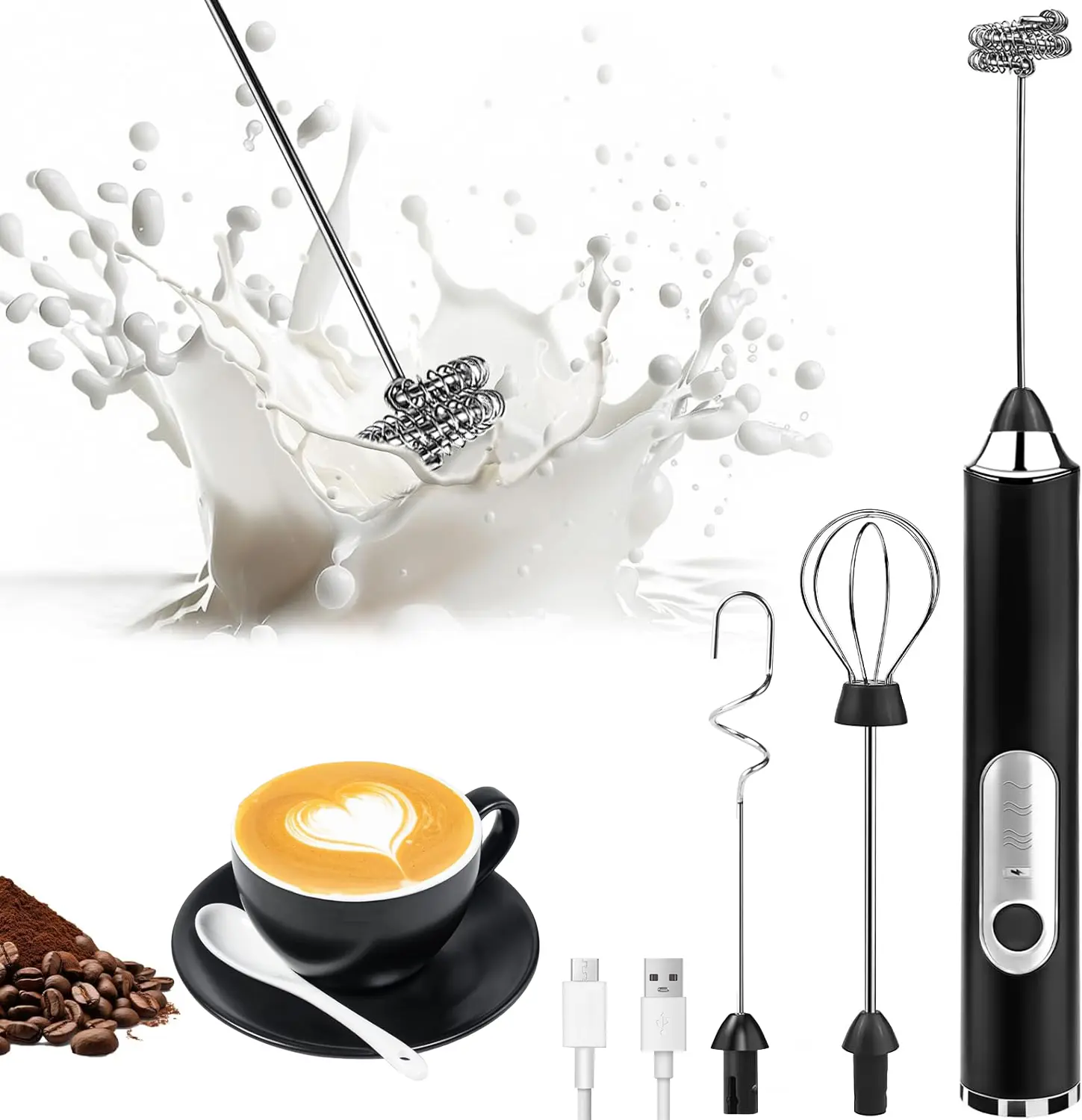 Multifunctional Handheld Milk Frother for Coffee, Christmas Gift | Electric Milk Frother with Detachable 3 Whisk Heads, , Rechargeable  Lithium Battery, Food Contact Grade Stainless, 3-Speed Beverage Mixer for Latte Cappuccino Hot Chocolate Egg Creamer