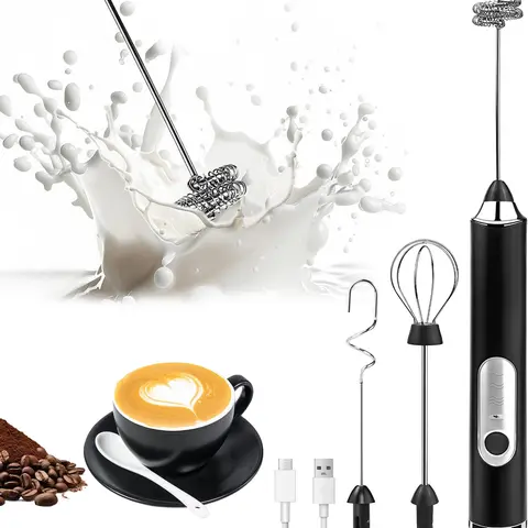 Cordless Milk Frother - Portable USB-Rechargeable Kitchen Tool with 3-Speed Control, 3 Detachable Whisk Heads (Balloon Whip Mix, Spring Whisk Foam), Lithium Battery, Food Contact Grade Stainless Steel for Latte, Cappuccino, Travel Gift