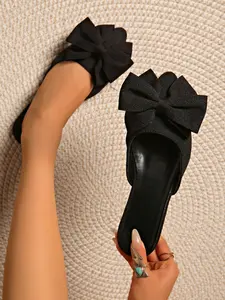 Women's Pointed Toe Flat Shoes, Summer Fleece-Backed Butterfly Knot Fashion Slip-Ons, Outdoor Low Heel Mules