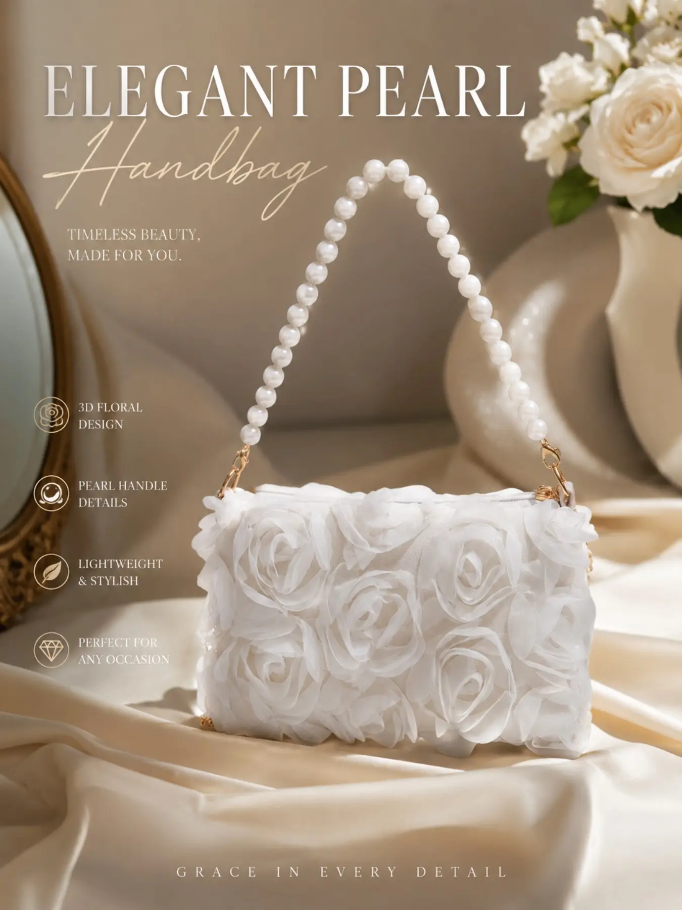 Elegant 3D Floral Pearl Handle Handbag, White Bridal Clutch for Weddings, Proms & Special Occasions, Fashionable Purse