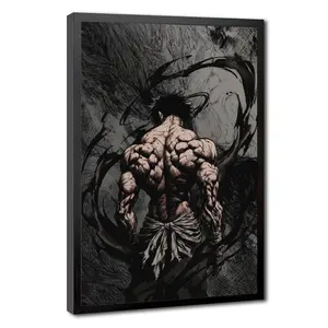 Baki Demon Back Canvas Painting Black Framed Manga Poster Prints Yujiro Hanma Workout Wall Decor Cool Otaku Gym Clothes Gift for Men Bedroom Gameroom