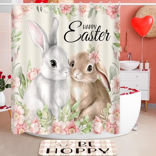 4/8Pcs Easter Bunny Bathroom Decor Set including 70x70in Waterproof Bunny Flower Shower Curtain with Hooks & Non Slip Bath Mat & U shaped Rug & Toilet Lid Cover for Spring Bathroom Makeover Home Supplies