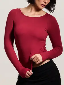 Ribbed Boat Neck Braless Long Sleeve