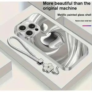 New Swirl Apple Series Metallic Paint Glass Phone Case with Lanyard for iPhone 17/16/16Plus/16Pro/16ProMax/15/15Plus/15Pro/15ProMax/14/14Plus/14Pro/14ProMax/13/13Pro/13ProMax/12/12Pro/12ProMax/12mini/11/11ProMax/x/xs/xr/xsmax/7/8 Simple Creative High-