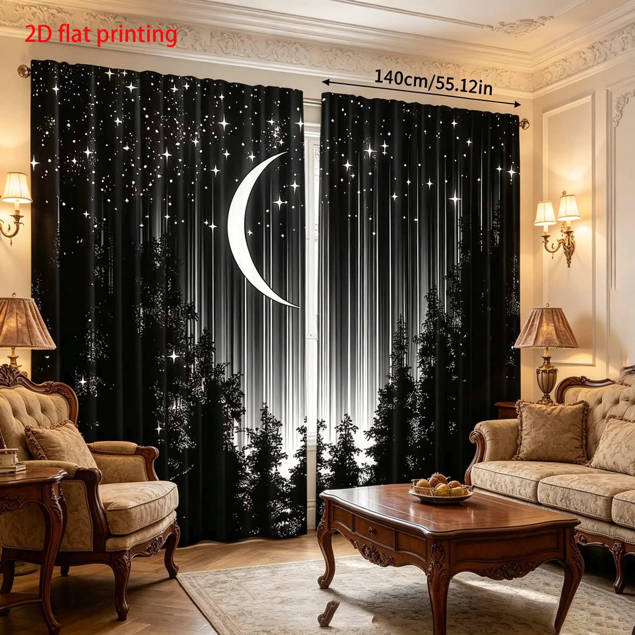 2-piece set of Starry Night Forest and Moon Printed Curtains, made of semi transparent polyester fabric with easy to hang pole mouth design, ideal for home decoration, modern style, Easy Install Curtain, Window Curtain, Home Decorative Curtain