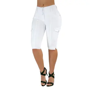 Women's White Capri Jeans, High Waist Push-Up Stretchy Denim Pants with Heart Stitching, Skinny Fit with Side Slits