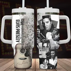 Elvis Presley 40oz Tumbler With Handle, Rock And Roll Tumbler, Guitar And Photo Collage Stainless Steel Cup, Gift for Rock Lover