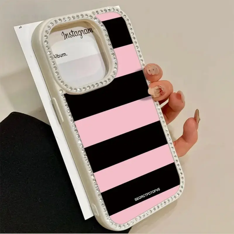 TPU Mobile Phone Case for iPhone 17/16/15/14/13/12/11 Series (Pro, Pro Max, Standard) - Trendy Pink-Black Striped Letter Pattern with Double-Sided Diamonds, Shockproof Drop-Protection Casing, Thin Lightweight Cellphone Accessory, Ideal Holiday Gift, Acces