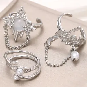 Y2K Sun Moon Ring Set | Gothic Cat Eye Stackable Rings