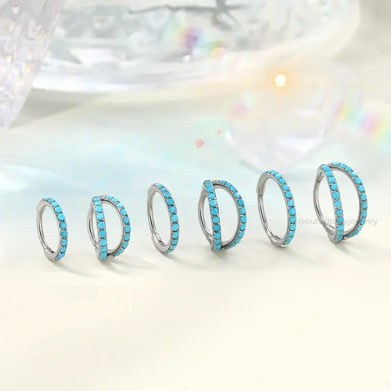 OUFER 20G 316L Corrosion-Free Stainless Steel Turquoise Bead Hinged Segment Nose Piercing Ring, 6mm-7mm-8mm Inner Diameter, Unisex Fashion Body Jewelry, Turquoise Jewelry
