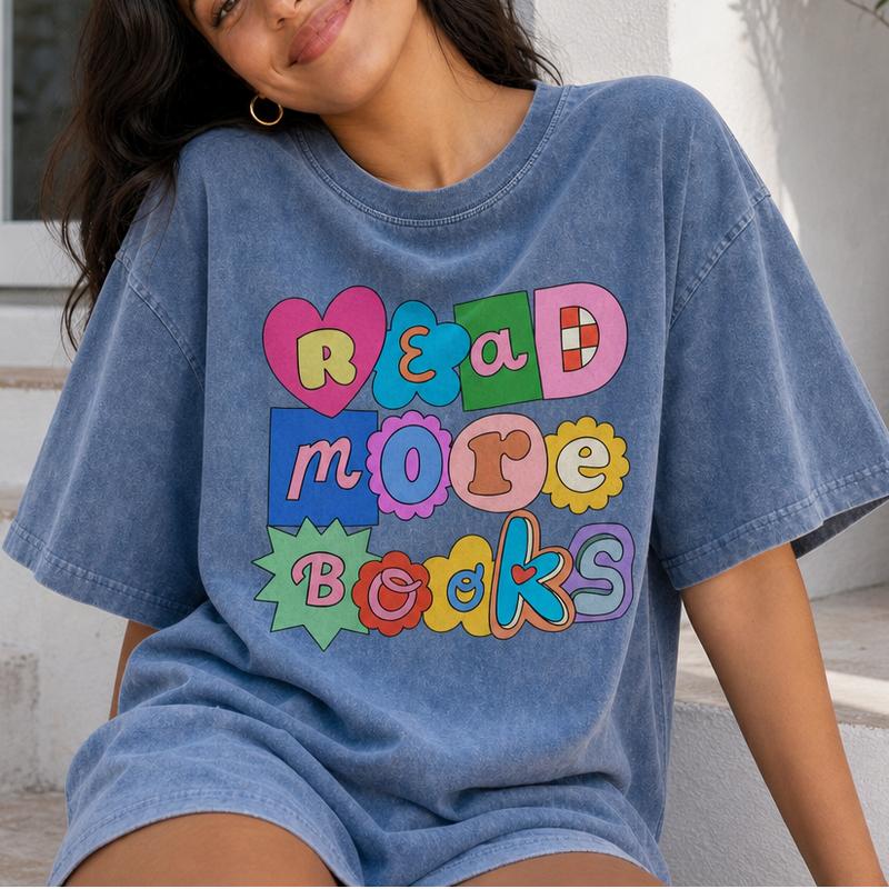 Retro 70s Groovy Pop Art Graphic Tee Women Soft Washed Cotton Read More Books Colorful Block Shirt S-5XL