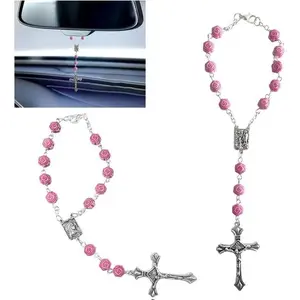 2PCS Car Rosary for Rearview Mirror, Pink Rosary Pendant Car Interior Rear View Mirror Charm Auto Decors, Car Medal and Cross Personalized Hanging Accessories for Women Men (Rose)