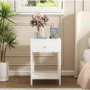 Modern White Scalloped Edge Bedside Table - Bedroom Nightstand with Drawer, Open Shelf, Minimalist Design for Kids’ Room outdoorfun