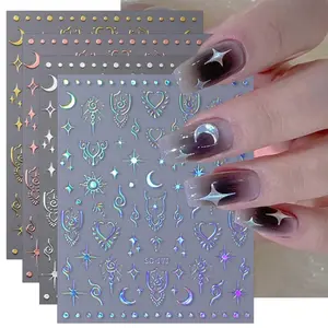 8 Sheets Aurora Holographic Moon Star Nail Art Stickers Decals Self-Adhesive Pegatinas Uñas Colorful Nail Supplies Nail Art Design Decoration Accessories springtok