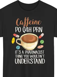 Funny Pharmacist Gift T-Shirt for - Caffeine Pharmacist Saying with Coffee Beans & Pharmacy Humor - Black Tee for Pharmacists, Pharmacy Technicians, Coffee Lovers - Short Sleeve Round Neck Casual or Casual Attire
