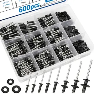 600 Piece Rivet Kit with Washers, 8 Sizes Aluminum Rivets, Ideal for Metal, Furniture, Cars, Instruments, DIY Projects