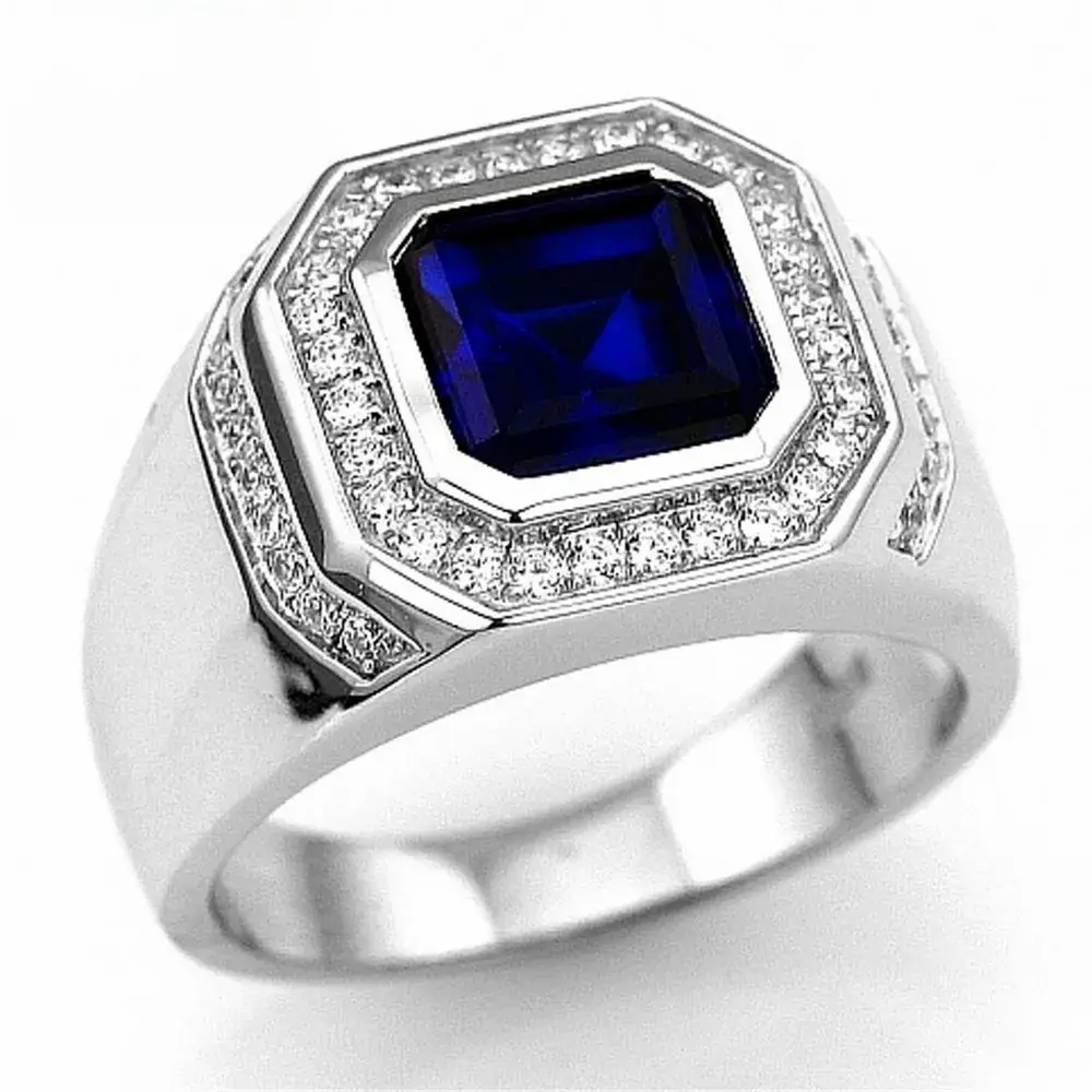 Luxury 925 Sterling Silver Blue Sapphire Ring Engagement Wedding rings for Men boys Jewelry gift