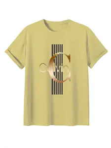 Calvin Gold Letter Print T-Shirt, Unisex Casual Loose Fit, All Seasons Short Sleeve, Trendy Fashion for Men and Women