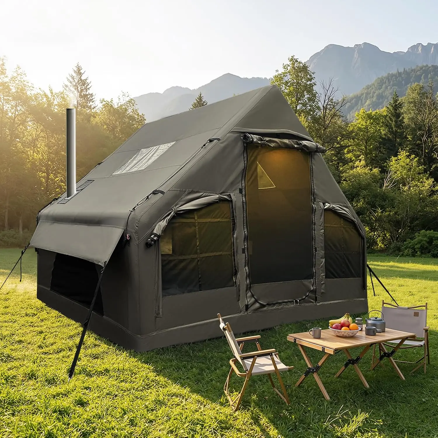 GSFRLuxury Inflatable Camping Tent,Wind & Rain Resistant,Breathable & Durable Wear-Resistant Fabric,Built-in Stove Jack,Fast Setup with Pump,All-Season Ready,Dual Doors,Mosquito-Proof Mesh Windows