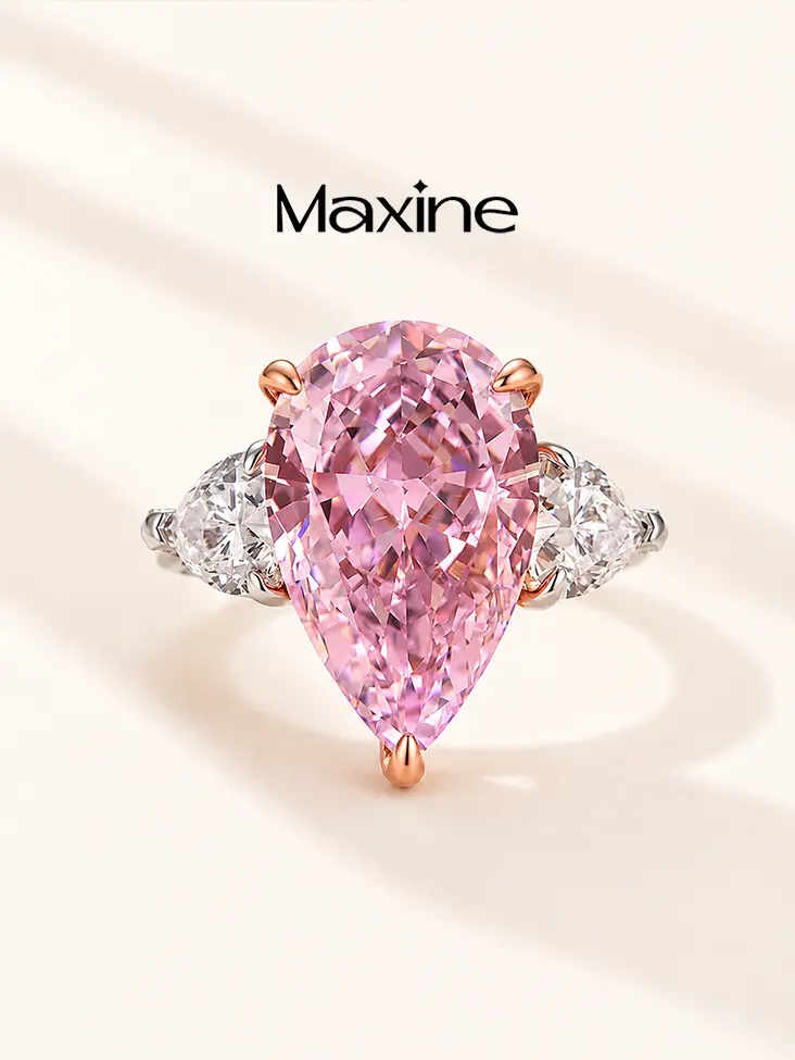 Maxine 14K White Gold Plated 8.0ct Pear Cut Pink/Clear Engagement Ring, Three Stone Bridal Ring, Travel-Friendly Jewelry, Women's Ring Jewelry,Wedding Ring for Daily,Proposal,Birthday,Anniversary