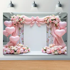 2D flat banner, 1 piece, pink bow curtain background with rose-printed heart-shaped background, suitable for spring-themed parties and outdoor weddings. It is an ideal choice for photography studios. dyz