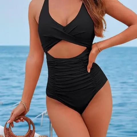 Women's Solid Color Criss Cross Backless One-piece Swimsuit, Casual Sleeveless Swimwear for Beach Holiday Vacation, Ladies Swimsuit for All Seasons, Swim Bodysuit, Tummy Control Swimsuit, Swimsuit Beachwear, Backless Bathing Suit