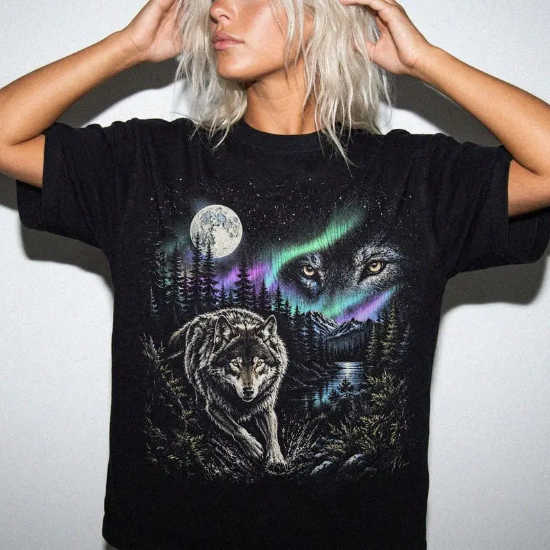 Comfort Colors Vintage Moonlit Wolf Wilderness Shirt, Aurora Borealis Wolf Graphic Tee, Northern Lights Wolf T Shirt, Nature Lover Gift