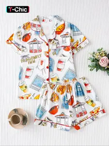 Women's Letter Cupcakes All-Over Printed Sleepwear Loungewear Set, Casual Fitted Short Sleeve Top & Loose Comfortable Shorts, Elegant Ladies' Pajama Suit, Womenswear, Pyjamas, Matching PJ Set, Homewear
