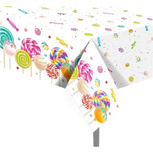 1 Piece Lollipop Party Plastic Tablecloth 54 x 87 Inch Sweet Candy Long Rectangular Table Cover for Buffet Holiday Dinner Picnic Kitchen Party Event Use