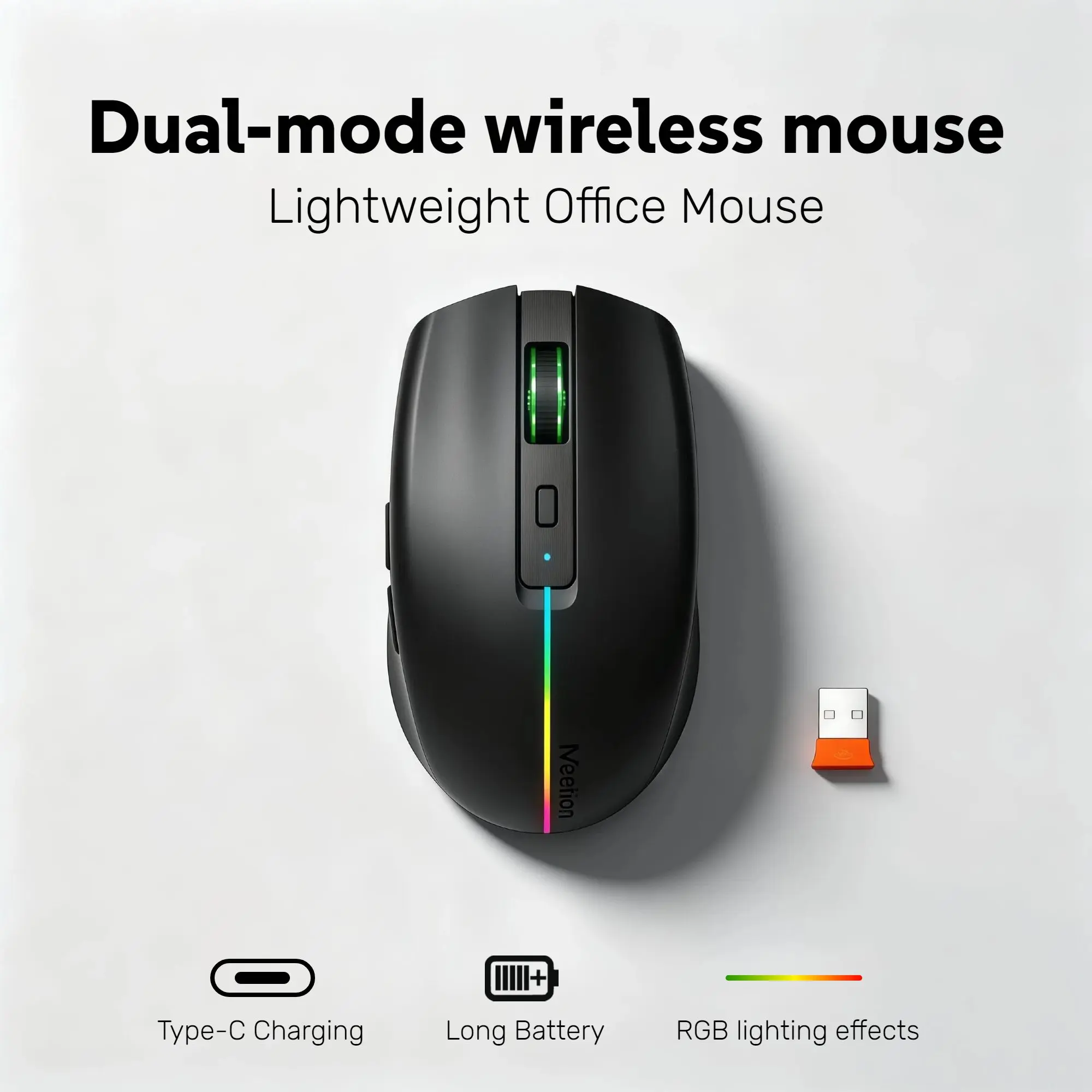 Meetion Silent Wireless Mouse, 2.4G + Bluetooth Dual Mode Rechargeable Mouse, 75g Lightweight Computer Mouse with RGB Lighting, 6 Buttons, 3-Level DPI, USB-C Charging for Laptop, PC, Mac, Office & Home