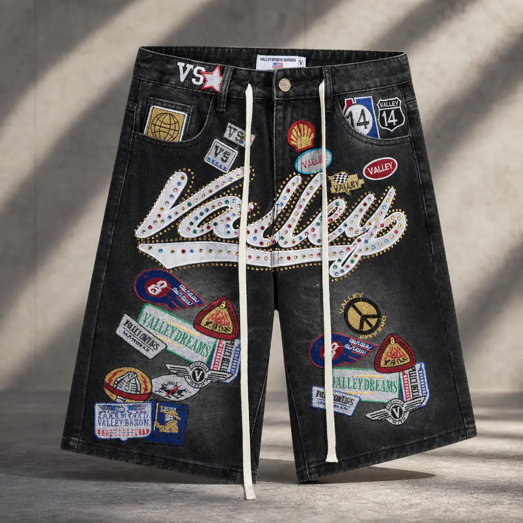 Valley Dreams Men's Vale Forever Vintage Denim Jorts - Baggy Embroidered Patch Rhinestone Shorts Hip Hop Streetwear, 4th of July Summer Gifts