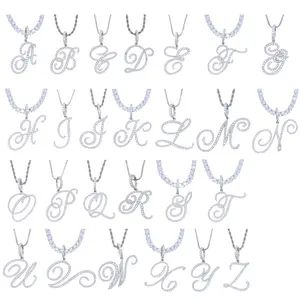 2025 New A-Z Cursive Letters Name Pendant Necklace Iced Out Bling 5A Cubic Zircon CZ Silver Color Letters Charm Hip Hop Jewelry