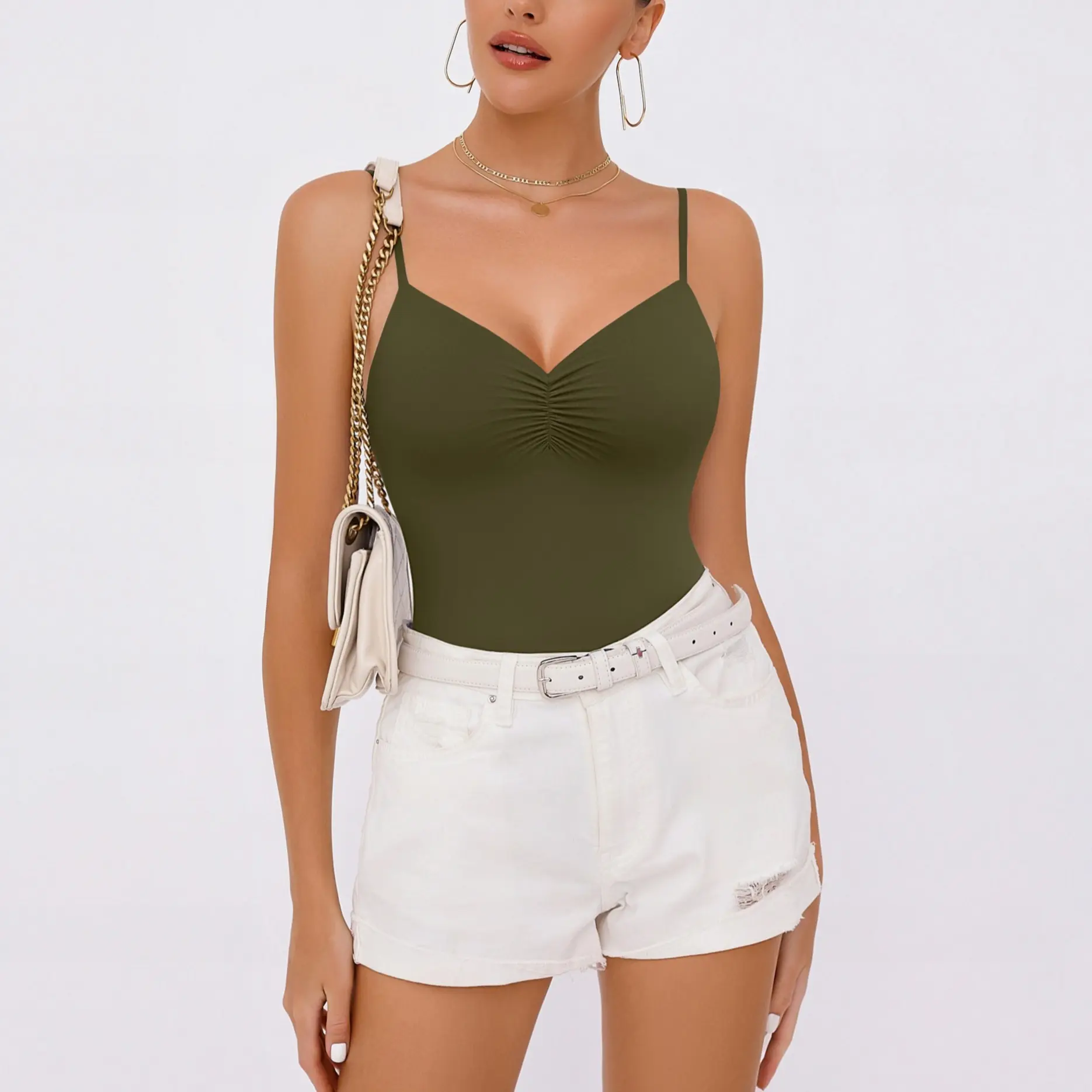 Avidlove Body Suits for Womens Sexy Ruched V Neck Thong Bodysuit Backless Sleeveless Double Lined Cami Body Suit Top