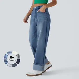 Halara Flex High Waisted Multiple Pockets Rolled Hem Wide Leg Washed Stretchy Knit Casual Jeans   #TikTokShopHolidayHaul