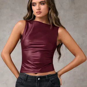 PU Leather Pleated Tank Top for Women – Slim Fit Edgy Cami, Chic Going Out Outfit