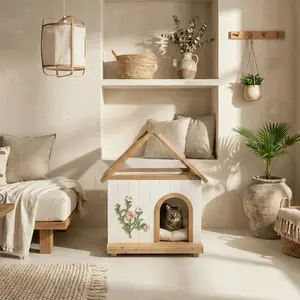 Transparent Roof Pet House with Floral Carving  FSC-Certified Cedar Indoor Shelter for Cats & Small Dogs 24*22*32