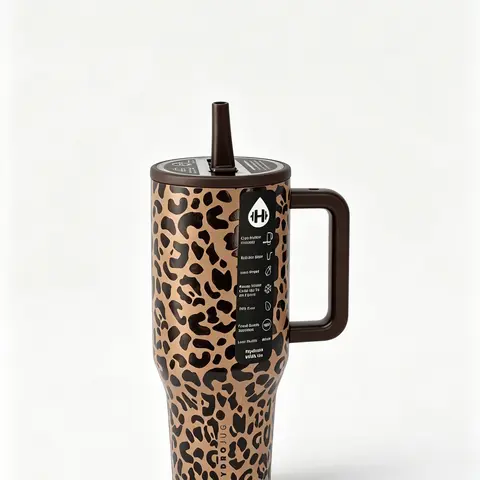 HydroJug 40oz Classic Leopard Print Stainless Steel Vacuum Flask - Insulated, BPA-Free Water Bottle with Straw, Ergonomic Handle, Cupholder Ready, BPA-Free Sipping, 1000-2000ml, 7-12 Hours Cold/Hot Retention, Sports/Home Use Tumbler, Anti-Scalding, Water