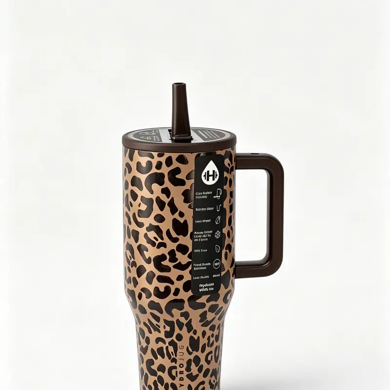 HydroJug 40oz Classic Leopard Print Stainless Steel Vacuum Flask - Insulated, BPA-Free Water Bottle with Straw, Ergonomic Handle, Cupholder Ready, BPA-Free Sipping, 1000-2000ml, 7-12 Hours Cold/Hot Retention, Sports/Home Use Tumbler, Anti-Scalding, Water